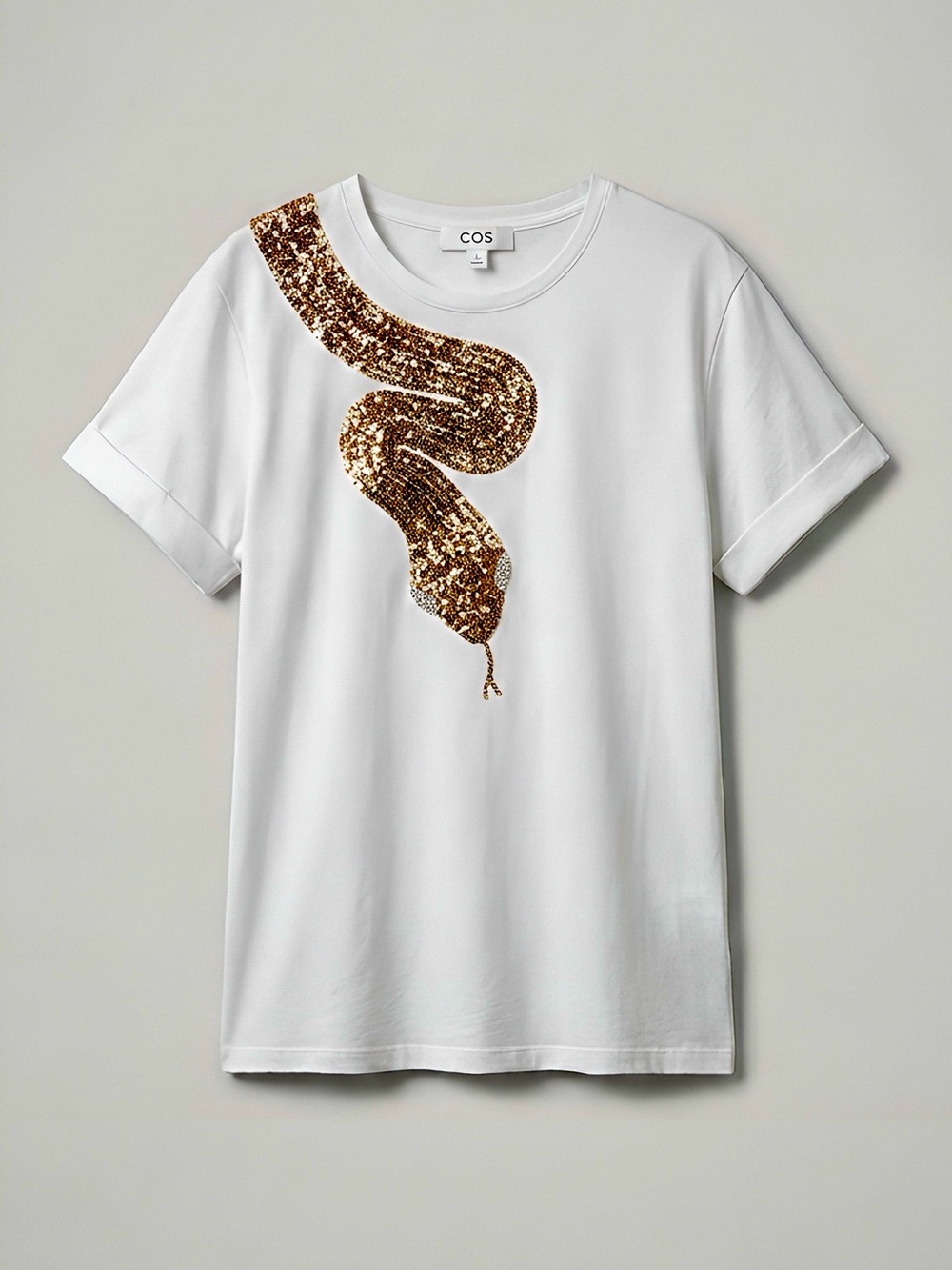 Retrofete White Short Sleeve Tee with Gold Sequin Snake 🐍